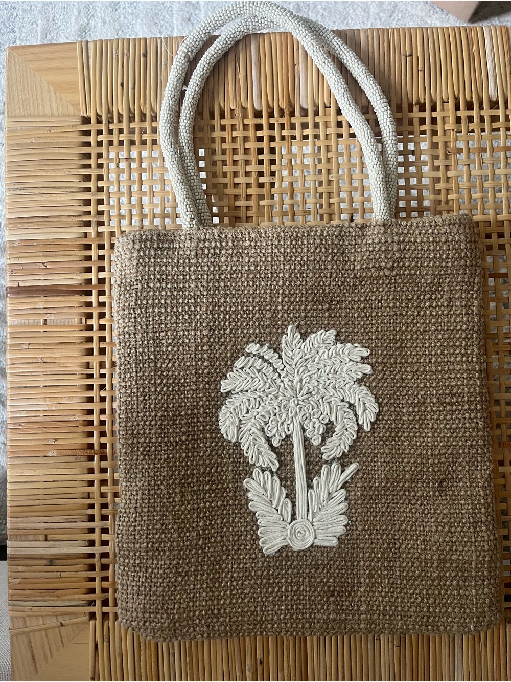 Zara Natural Brown Jute Tote with Cream Palm Embroidery